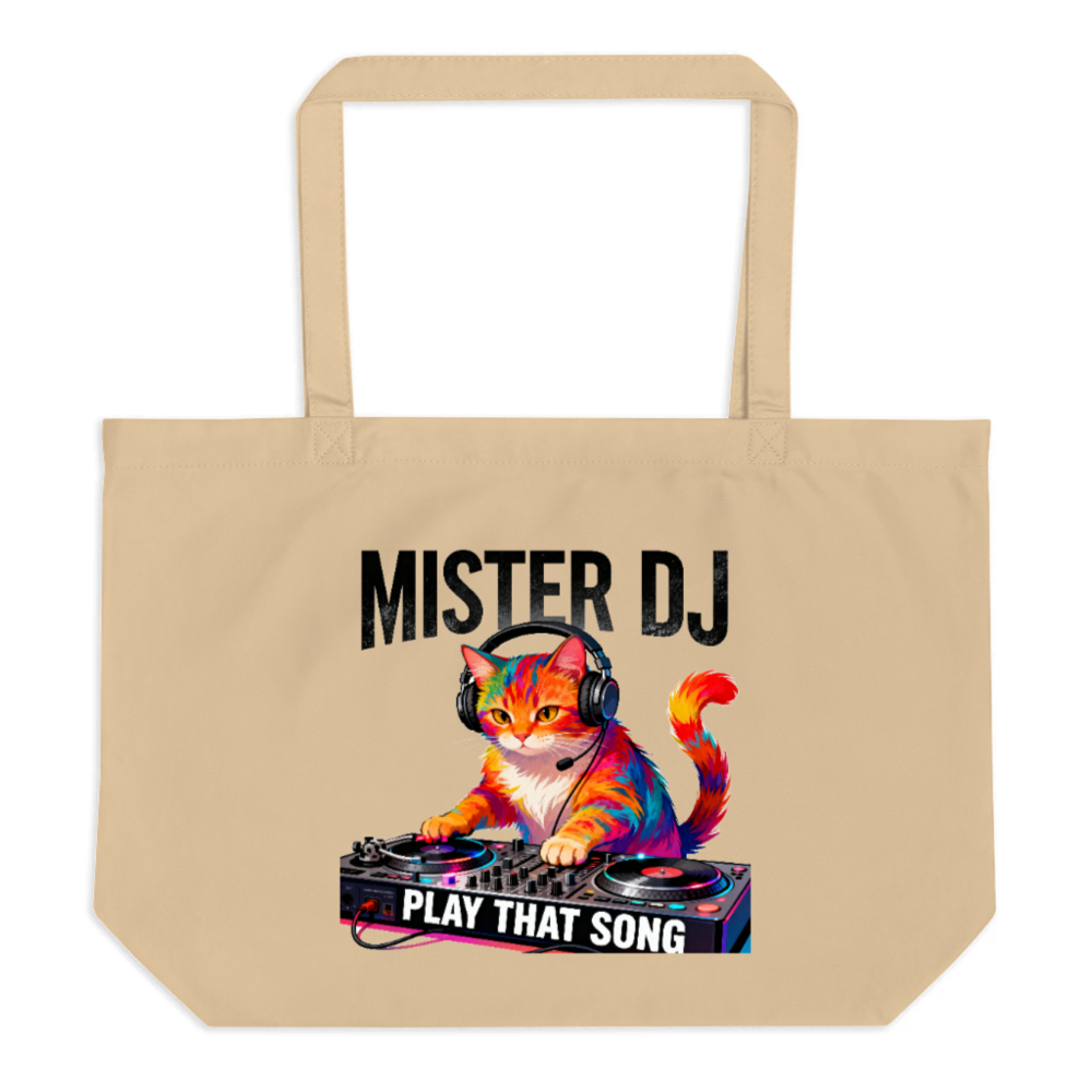 Mister DJ Cat Organic Tote Bag - Play That Song, Large Eco-Friendly Canvas Bag