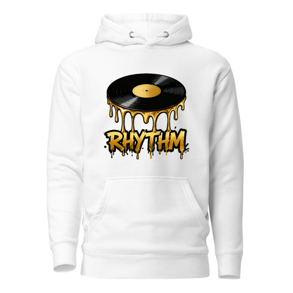 Unisex Premium Pullover Hoodie - Vinyl Record Rhythm Design, Gold Drip Art