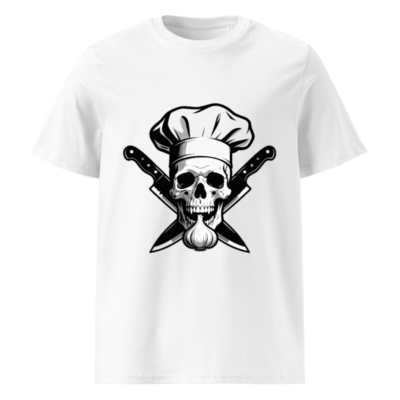 Unisex Organic Cotton Chef Skull T-Shirt - Crossed Knives & Garlic Design