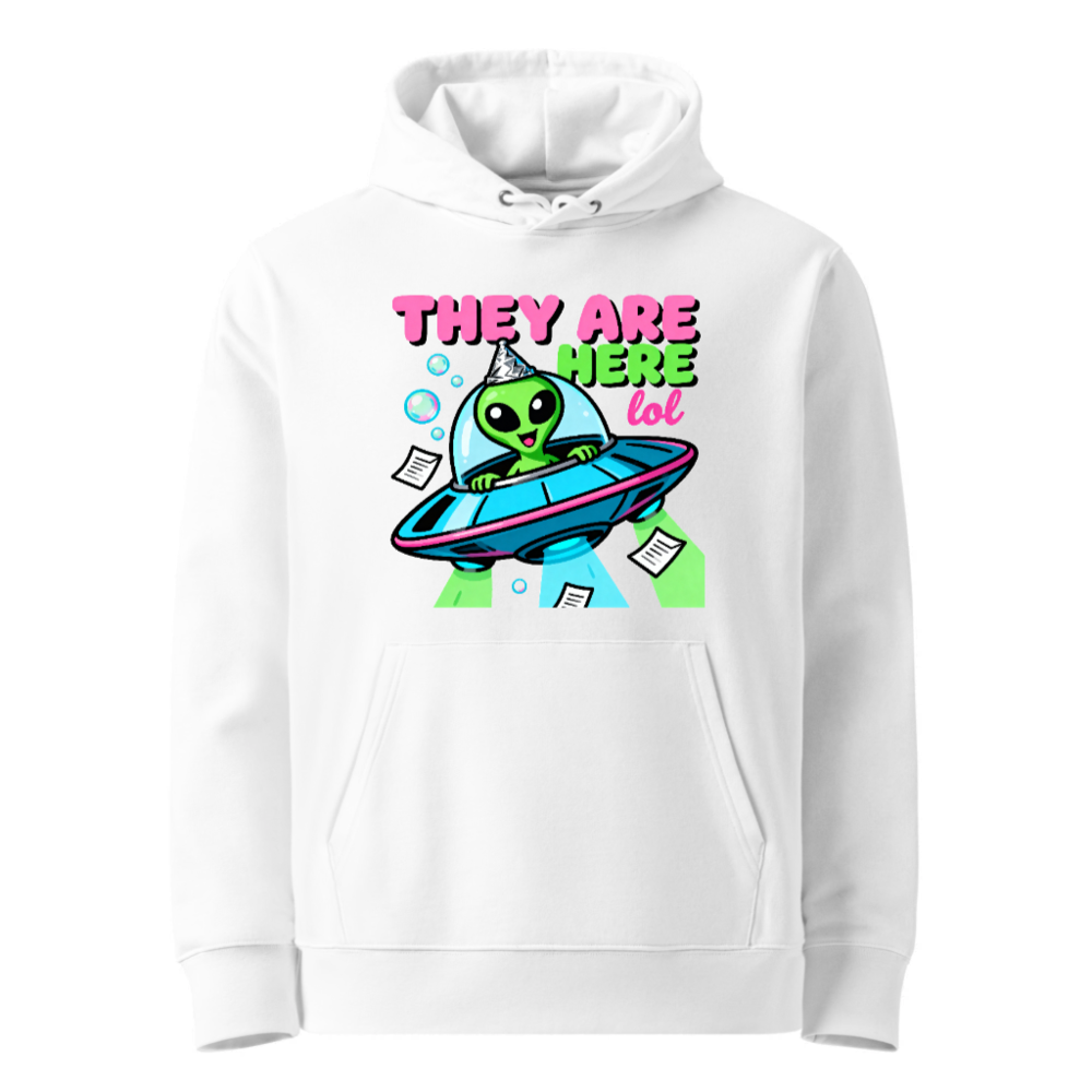 Unisex Eco Hoodie - Alien UFO Party Design, They Are Here lol