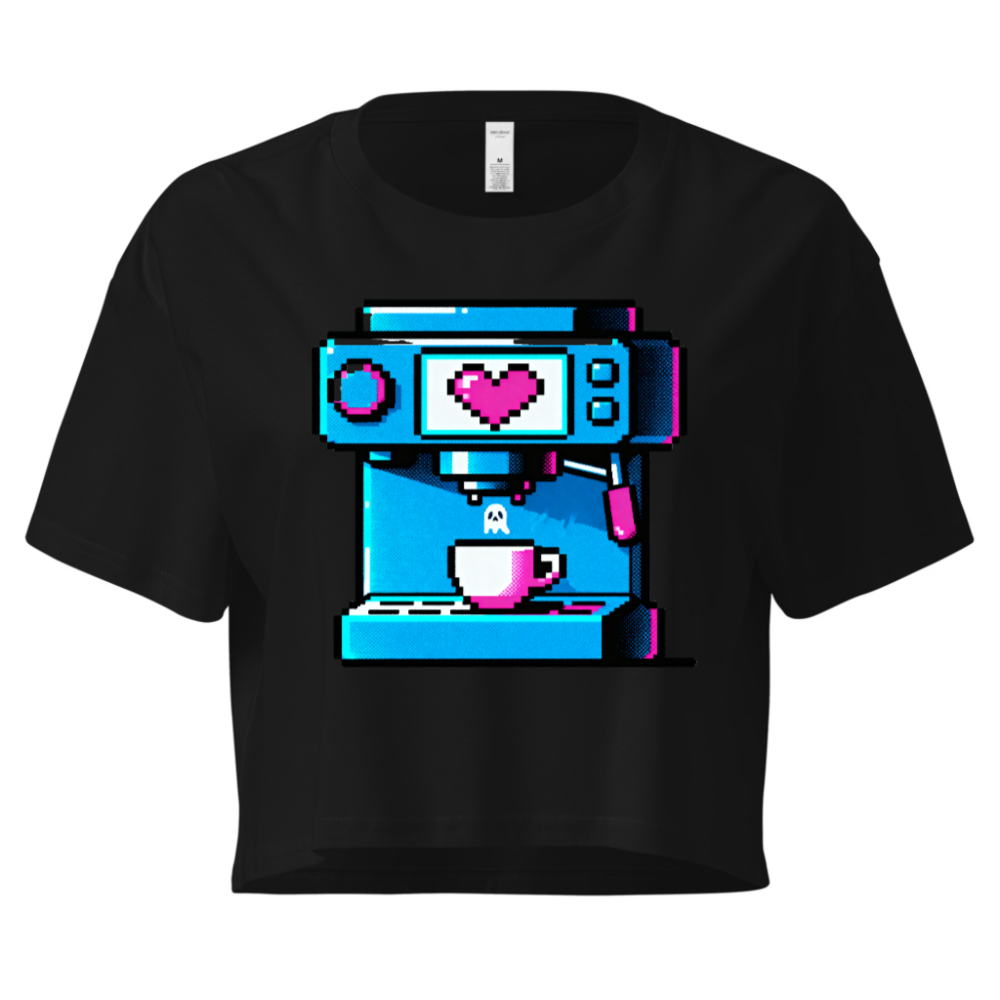 Pixel Art Coffee Machine Women's Crop Top - Blue & Pink Retro Gaming Tee