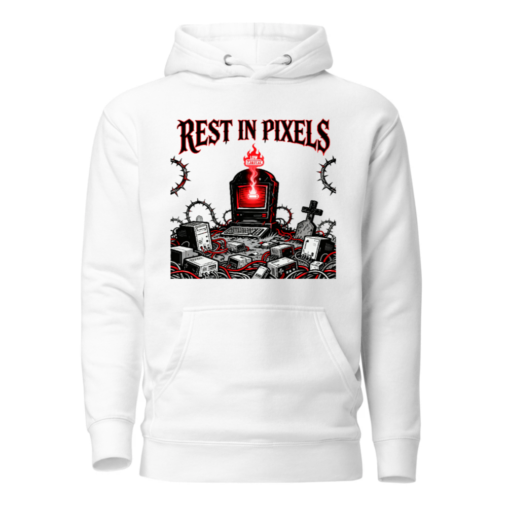 Rest in Pixels Unisex Premium Pullover Hoodie - Gothic Tech Graveyard Design