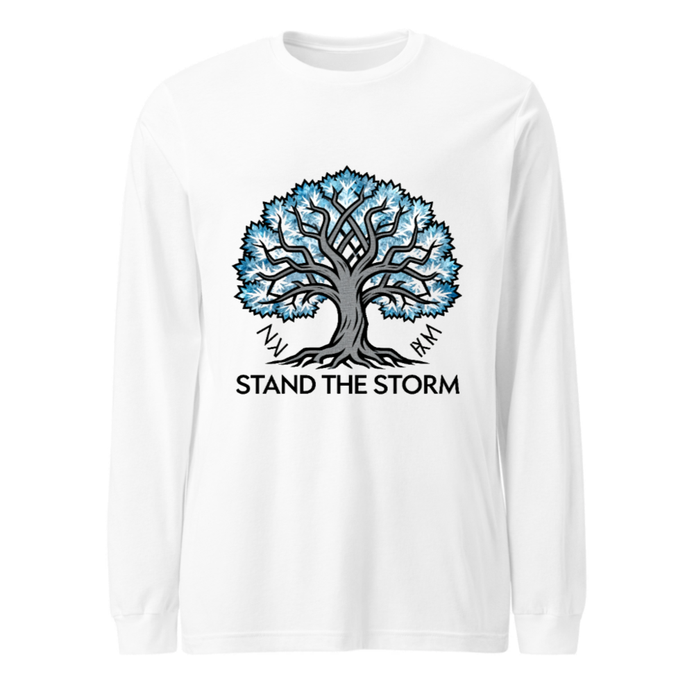 Unisex Long Sleeve Tee - Stand the Storm Tree Design, Blue & Gray, Comfort Fit
