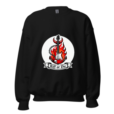 Unisex Riff or Die Guitar Sweatshirt - Black Crew Neck, Flame & Skull Design