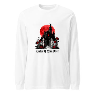 Unisex Long Sleeve Tee - Gothic Castle Moon Rose Design, 'Enter If You Dare' Horror Halloween Shirt