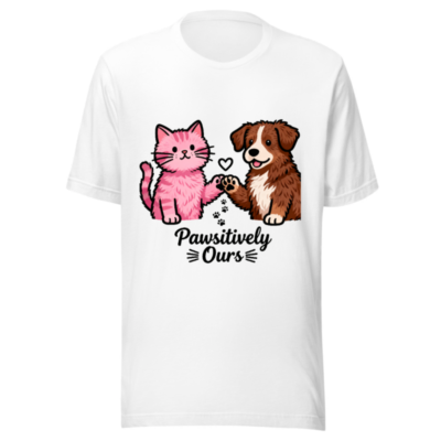 Unisex Paw-sitively Ours T-Shirt | Pink Cat & Brown Dog Graphic Tee