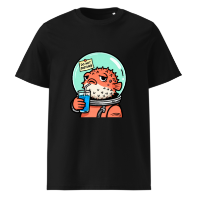 Unisex Organic Cotton T-Shirt | Pufferfish Astronaut Drinking Blue Juice, 'Do Not Disturb' Sign