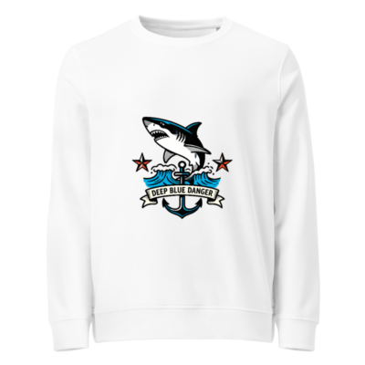 Unisex Organic Sweatshirt | Deep Blue Danger Shark Anchor Design