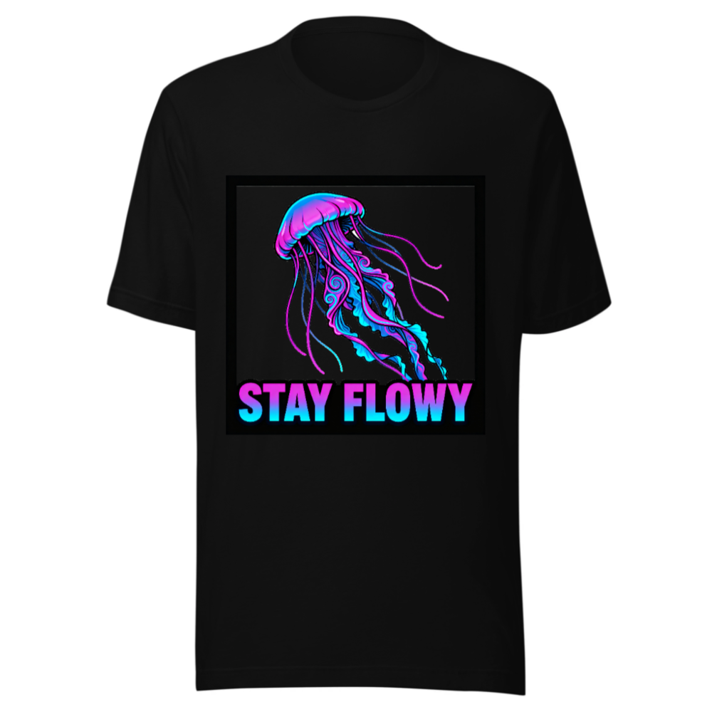 Unisex Staple T-Shirt - Stay Flowy Jellyfish Graphic Tee, Neon Purple Blue Design