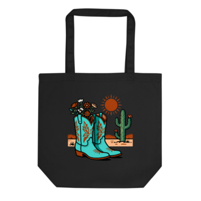 Eco Black Tote Bag | Turquoise Cowboy Boots & Cactus Desert Design