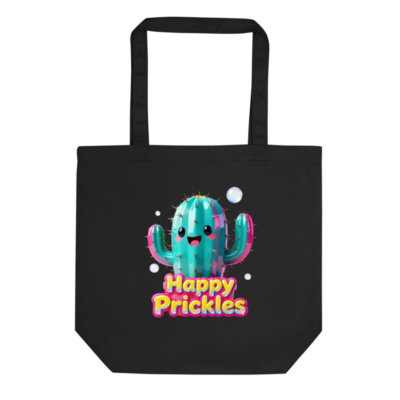Eco Black Tote Bag | Happy Prickles Cactus Design | Reusable & Sustainable