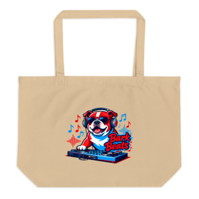 Organic Tote Bag with DJ Bulldog 'Bark Beats' Design | Eco-Friendly Large Canvas Bag