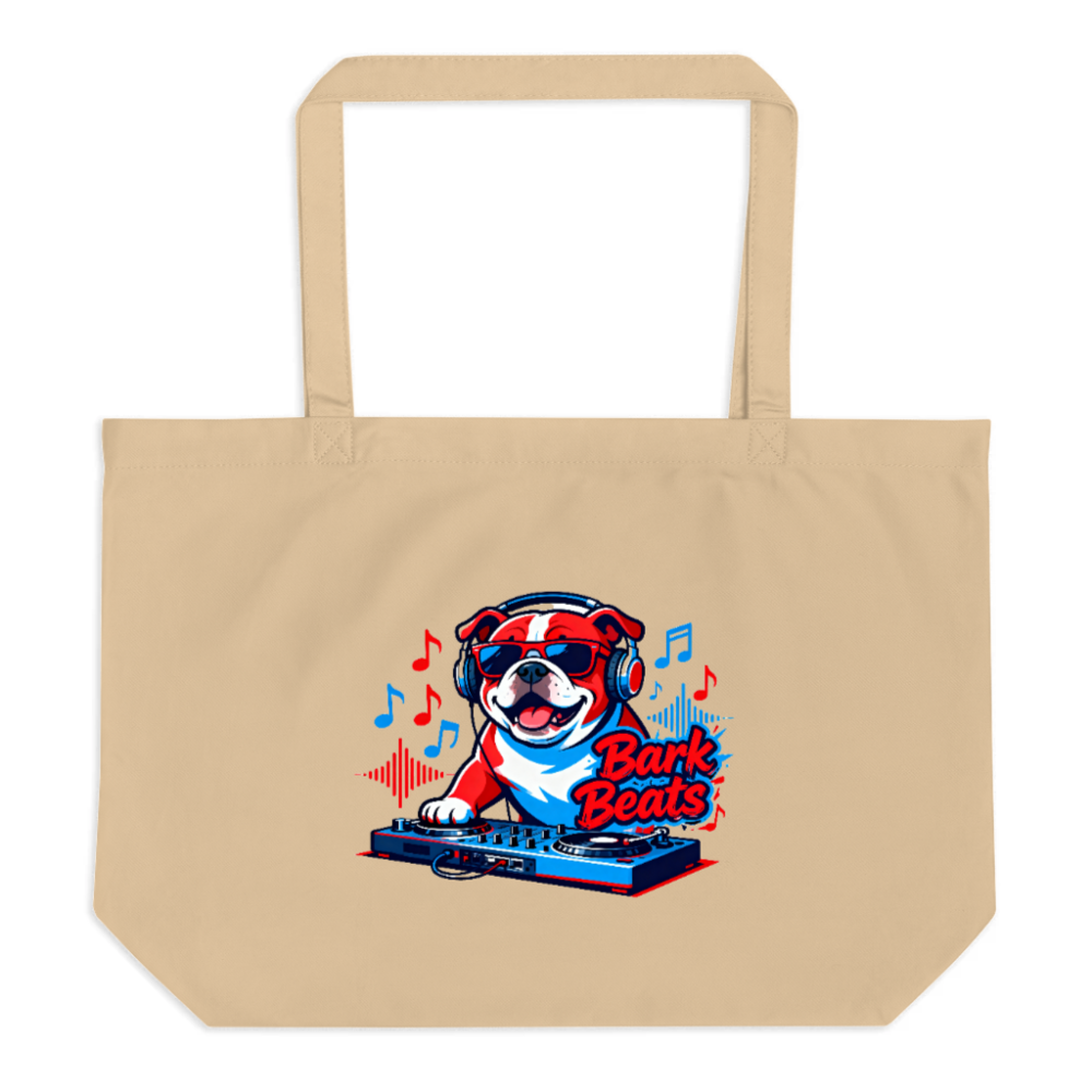 Organic Tote Bag with DJ Bulldog 'Bark Beats' Design | Eco-Friendly Large Canvas Bag