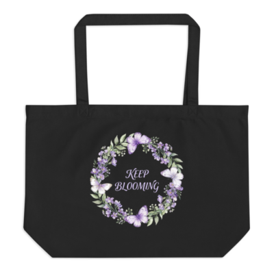 Large Black Organic Tote Bag | Keep Blooming Floral Wreath Design