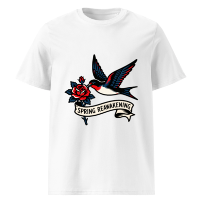 Unisex Organic Cotton T-Shirt | Spring Reawakening Bird & Rose Tattoo Design