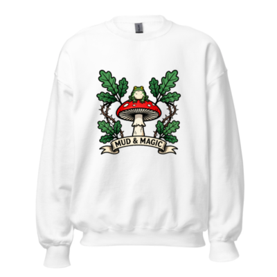 Mud & Magic Frog Mushroom Unisex Sweatshirt - Red Cap, Oak Leaves, Gothic Style