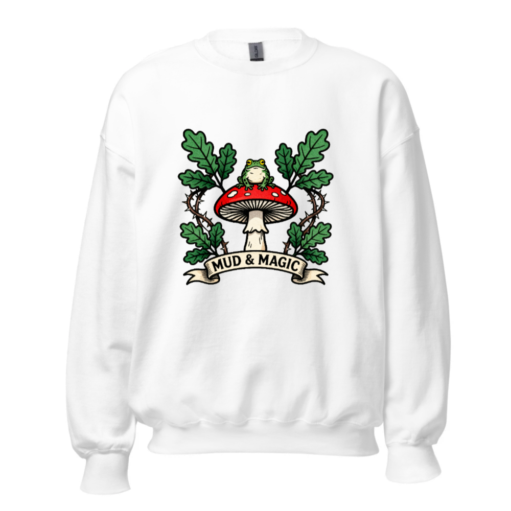 Mud & Magic Frog Mushroom Unisex Sweatshirt - Red Cap, Oak Leaves, Gothic Style