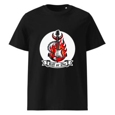 Unisex Organic Cotton T-Shirt - Riff or Die Guitar Flame Devil Design