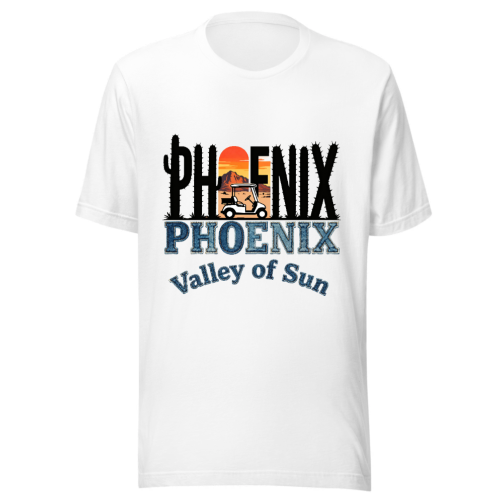 Phoenix Valley of Sun Unisex T-Shirt - Cactus Sunset Golf Cart Design