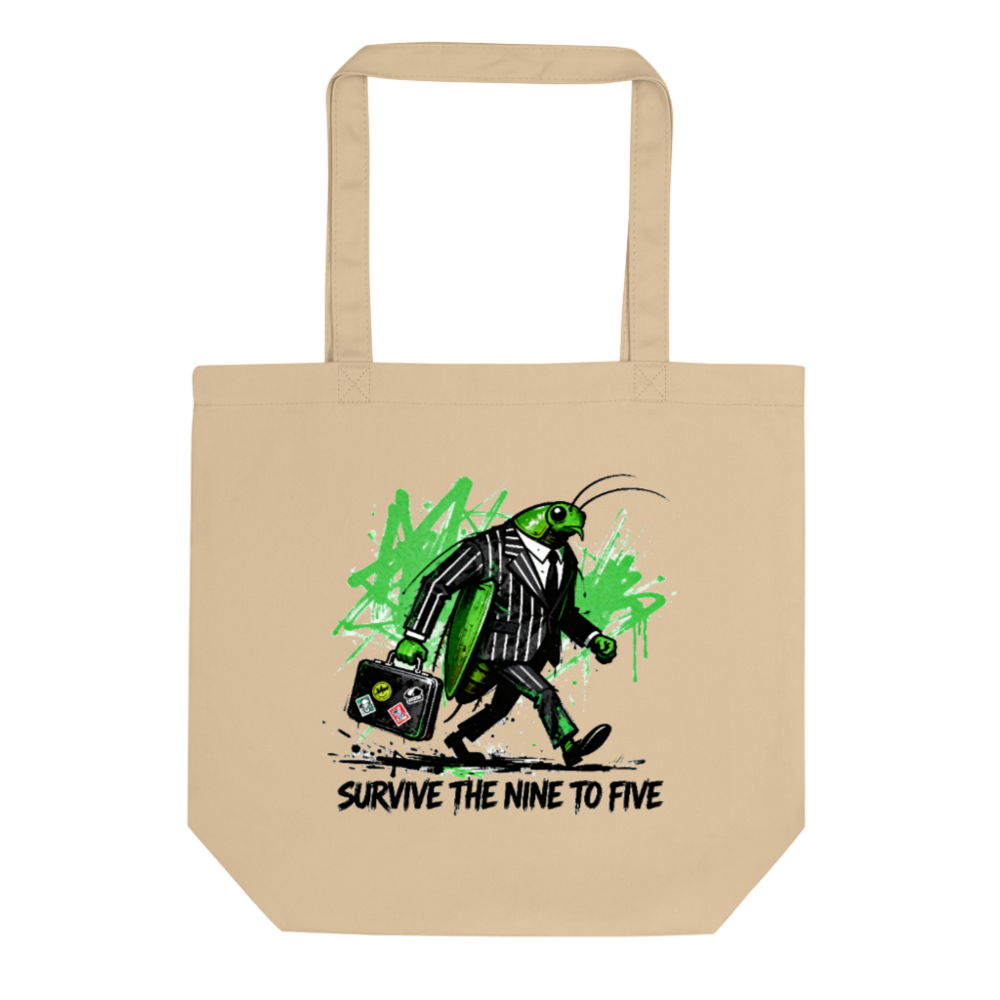 Eco Oyster Tote Bag | Green Bug in Suit Walking with Briefcase | Sustainable Canvas Tote