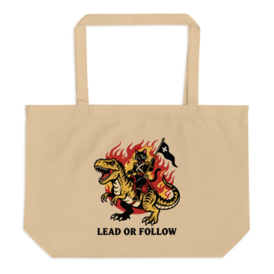 Organic Tote Bag with Cat-on-T-Rex Graphic | Lead or Follow