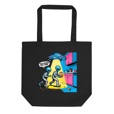 Eco Black Tote Bag | Alien Cookie Heist Design - Sustainable Cotton Tote