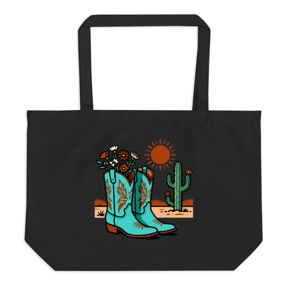 Blue Cowboy Boots & Cactus Tote Bag | Organic Cotton Large Tote