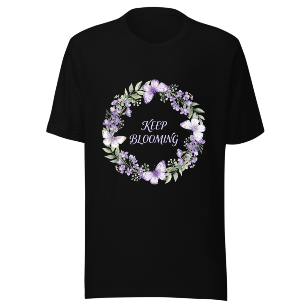 Unisex Staple T-Shirt | Keep Blooming Purple Flower & Butterfly Wreath Design