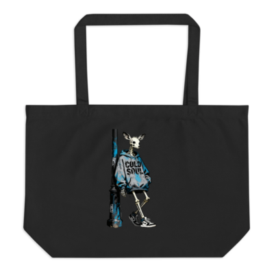 Organic Tote Bag, Large Black with Skeleton Deer Graphic & 'COLD SOUL' Hoodie Design