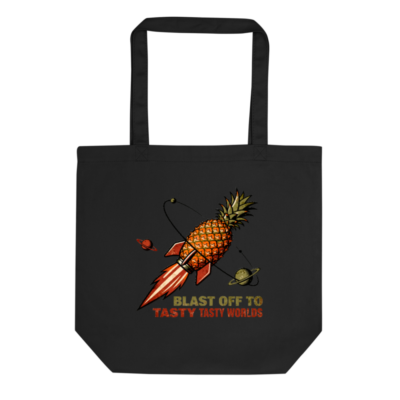 Eco Black Tote Bag | Pineapple Rocket Space Adventure - Blast Off to Tasty Tasty Worlds