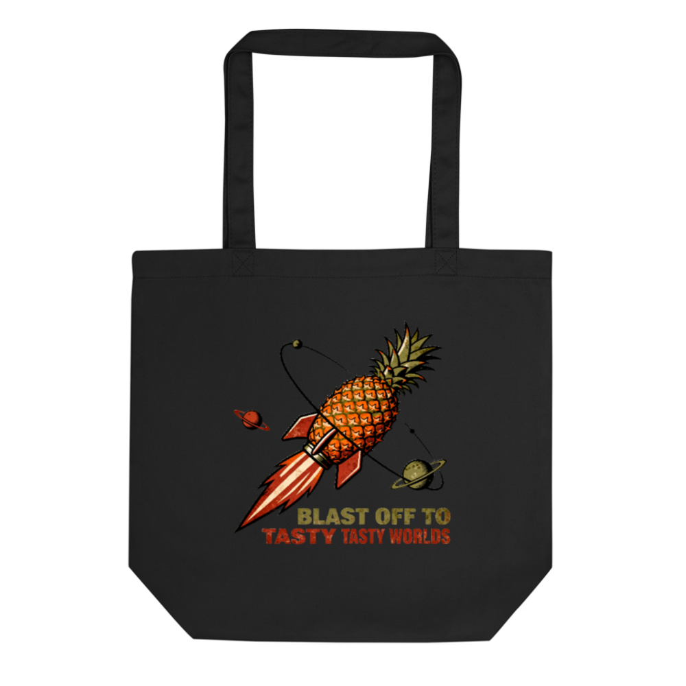 Eco Black Tote Bag | Pineapple Rocket Space Adventure - Blast Off to Tasty Tasty Worlds