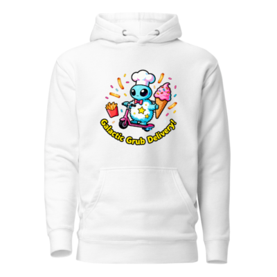 Galactic Grub Delivery! Unisex Premium Pullover Hoodie - Cute Alien Chef Scooter Design