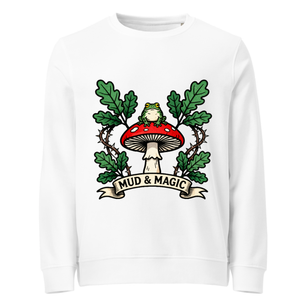 Unisex Organic Sweatshirt | Mud & Magic Frog on Red Mushroom Design