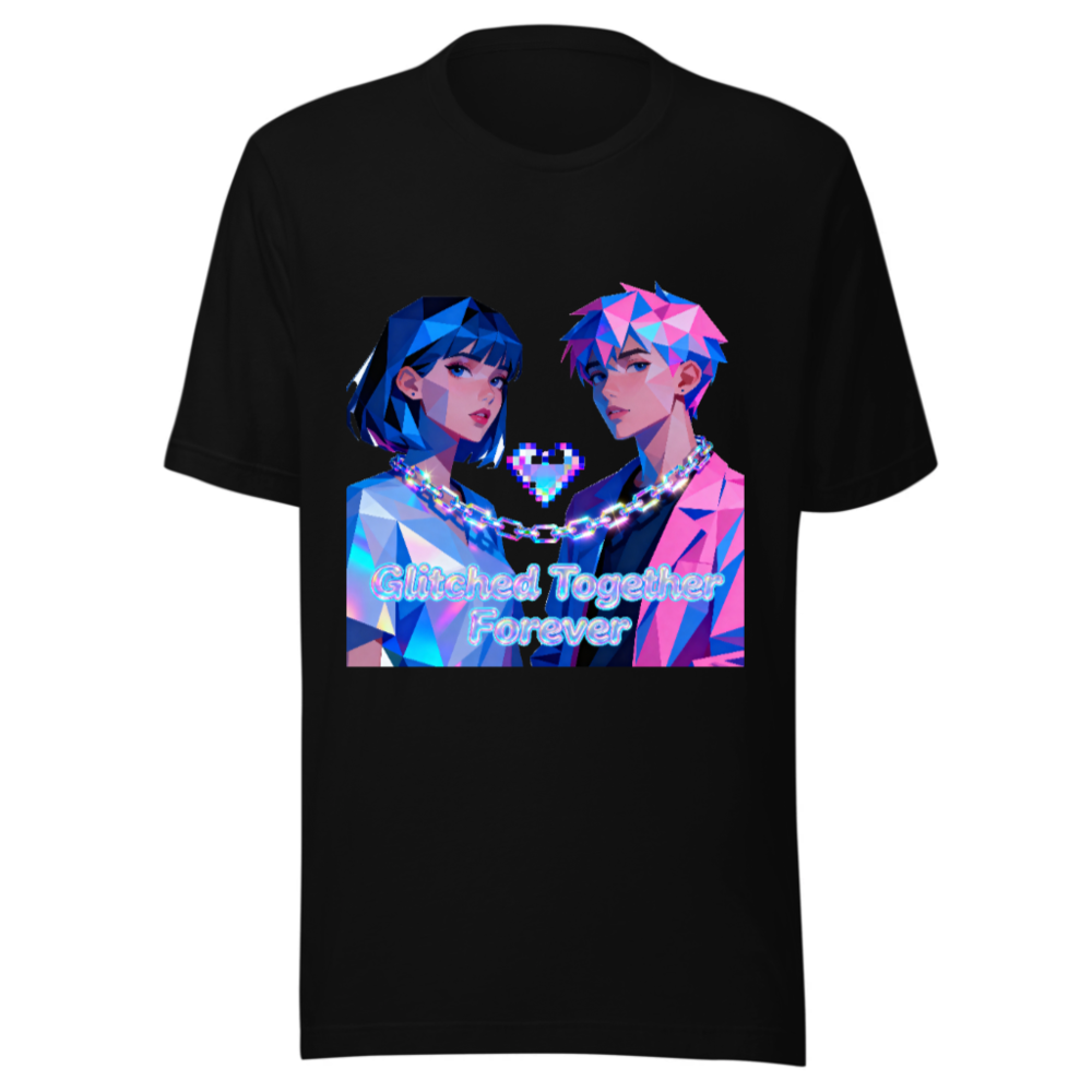 Glitched Together Forever Unisex T-Shirt - Pixel Art Couple, Cyberpunk Style