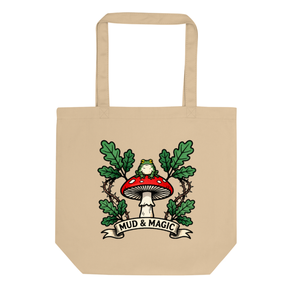 Eco Oyster Tote Bag | Mud & Magic Frog Mushroom Design | Sustainable Canvas Tote