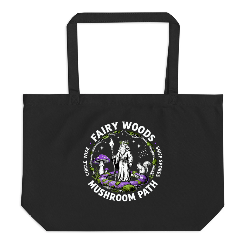 Fairy Woods Mushroom Path Organic Tote Bag - Black, Large, Eco-Friendly