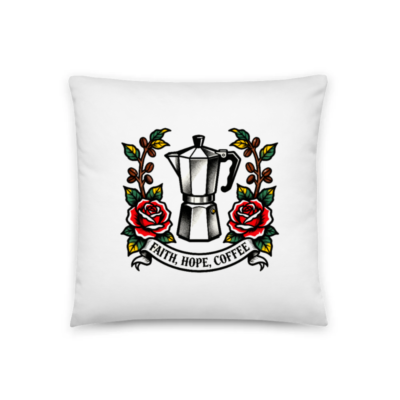 Faith, Hope, Coffee Moka Pot Pillow - 18" x 18" Vintage Tattoo Design