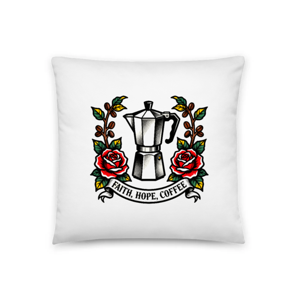Faith, Hope, Coffee Moka Pot Pillow - 18" x 18" Vintage Tattoo Design