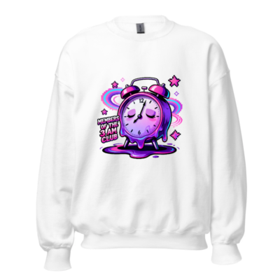 Unisex Crew Neck Sweatshirt - Members of the 3 AM Club Alarm Clock Design, Purple Glitch Art