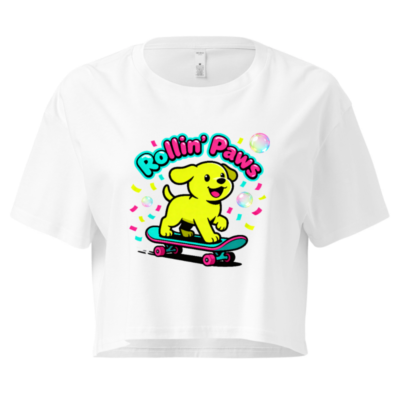 Women's Rollin' Paws Crop Top - Yellow Puppy Skateboard Graphic Tee