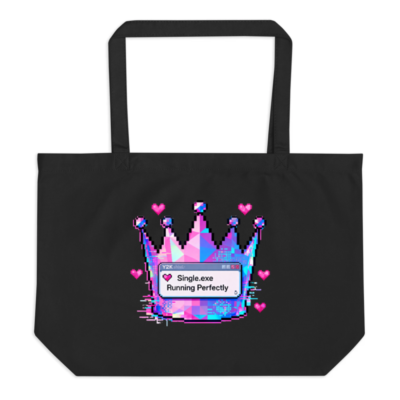 Black Organic Tote Bag | Y2K Pixel Crown & Single.exe Running Perfectly Design