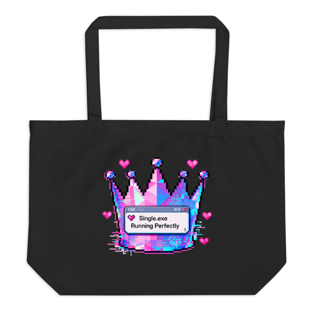 Black Organic Tote Bag | Y2K Pixel Crown & Single.exe Running Perfectly Design
