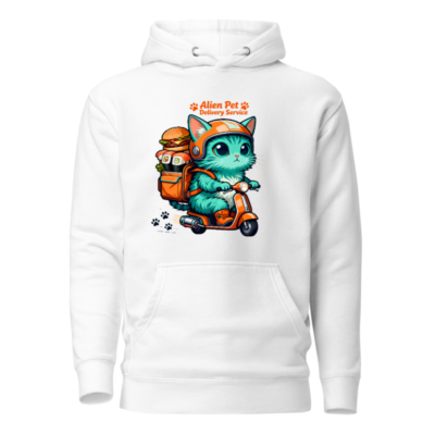 Alien Pet Delivery Service Unisex Hoodie - Cute Cat on Scooter, Premium Pullover