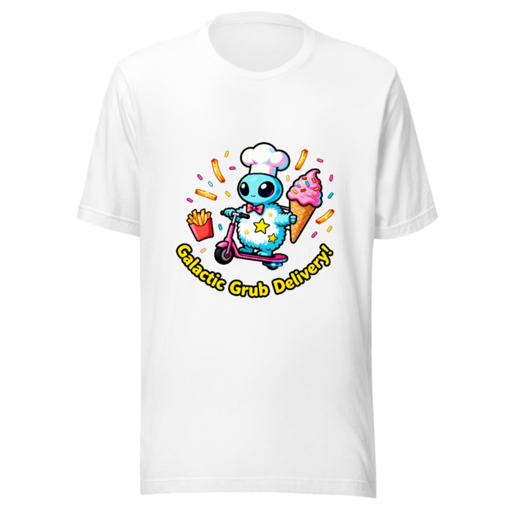 Galactic Grub Delivery! Unisex T-Shirt - Cute Alien Chef on Scooter, Fun Food Design