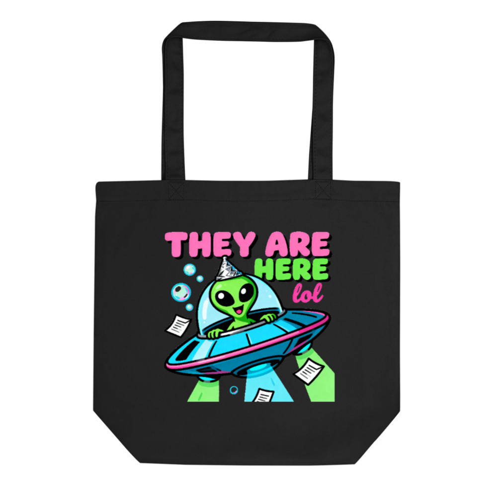 Eco Black Tote Bag | Green Alien UFO Party Design | Sustainable Cotton Tote