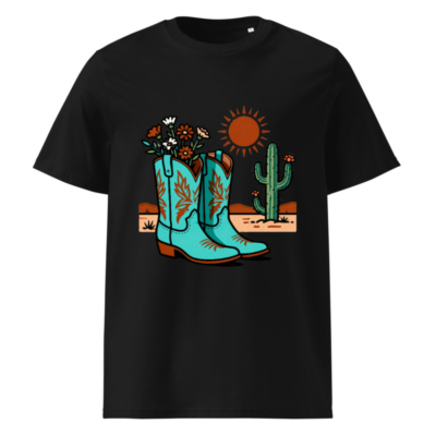 Unisex Organic Cotton T-Shirt | Blue Cowboy Boots & Cactus Desert Design