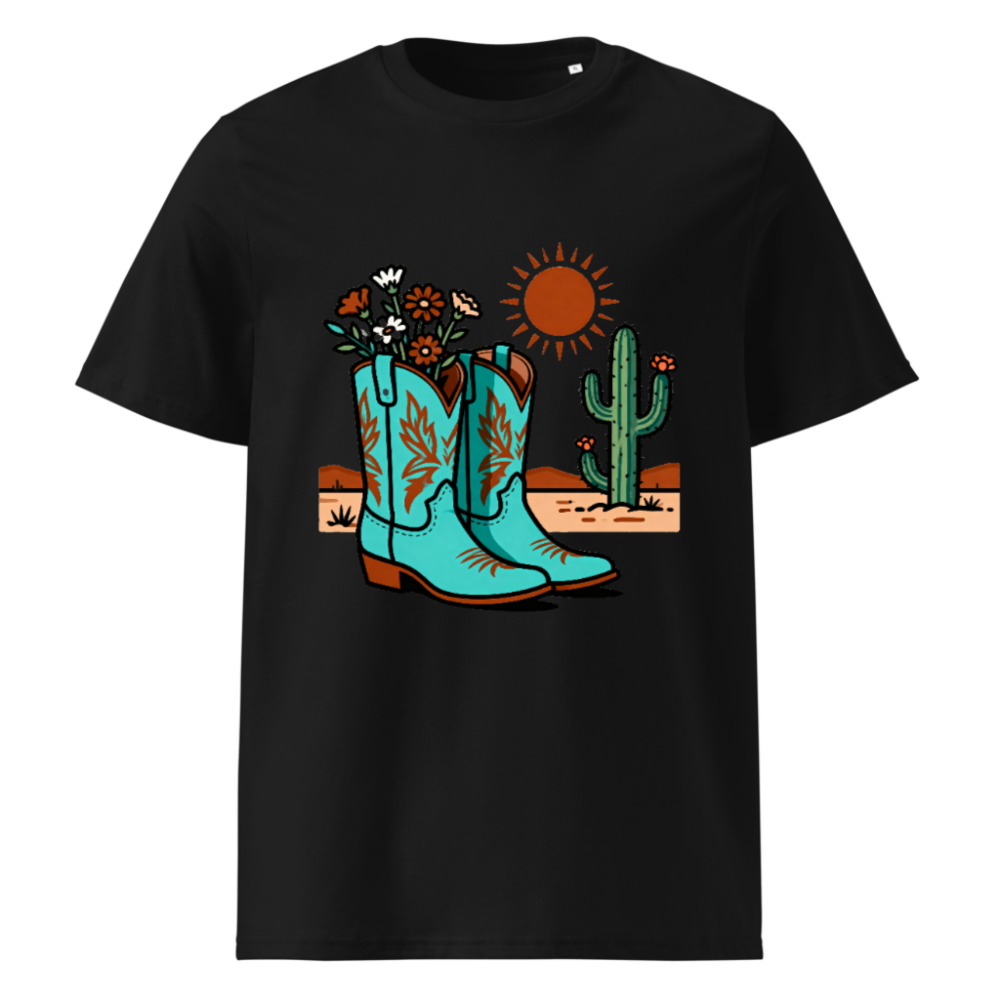 Unisex Organic Cotton T-Shirt | Blue Cowboy Boots & Cactus Desert Design