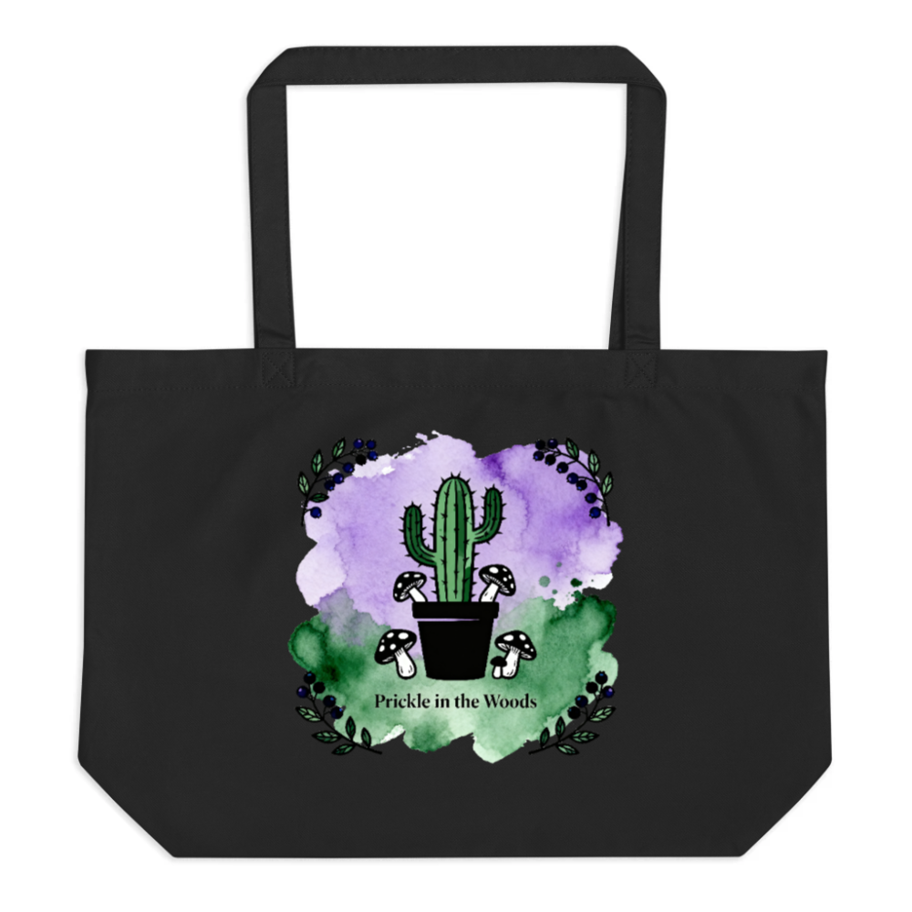 Organic Black Tote Bag | Prickle in the Woods Cactus & Mushrooms Design