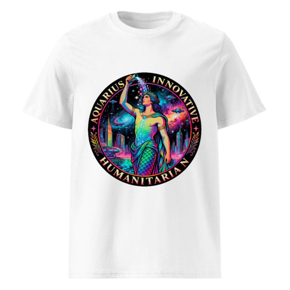 Unisex Organic Cotton T-Shirt - Aquarius Zodiac Design: Innovative Humanitarian, Rainbow Mermaid Cosmic Art