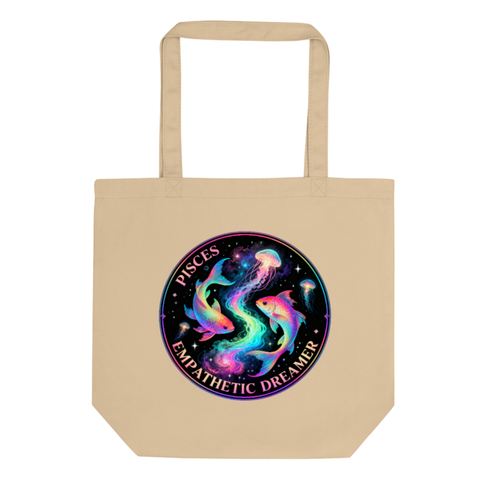 Pisces Empathetic Dreamer Eco Oyster Tote Bag - Sustainable Canvas Tote with Cosmic Fish Design